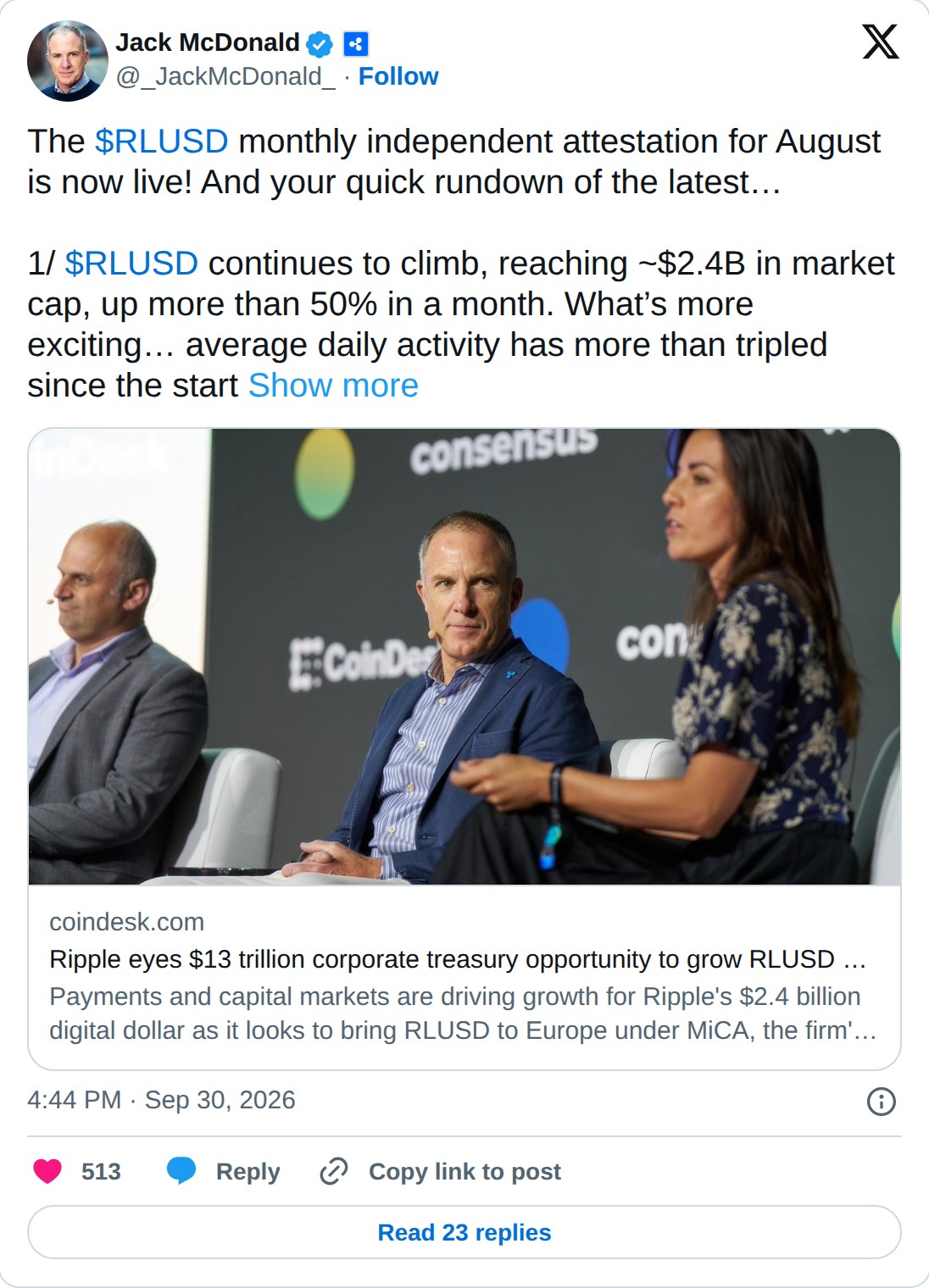 @_JackMcDonald_ op X: Jack McDonald @_JackMcDonald_ · Follow The $RLUSD monthly independent attestation for August is now live! And your quick rundown of the latest… 1/ $RLUSD continues to climb, reaching ~$2.4B in market cap, up more than 50% in a month. What’s more exciting… average daily activity