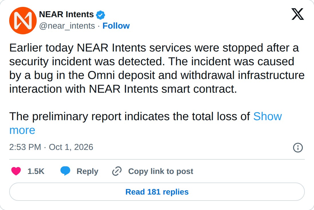 @near_intents op X: NEAR Intents @near_intents · Follow Earlier today NEAR Intents services were stopped after a security incident was detected. The incident was caused by a bug in the Omni deposit and withdrawal infrastructure interaction with NEAR Intents smart contract. The preliminary report ind