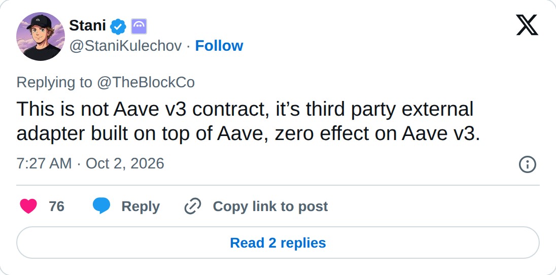 @StaniKulechov op X: Stani @StaniKulechov · Follow Replying to @TheBlockCo This is not Aave v3 contract, it’s third party external adapter built on top of Aave, zero effect on Aave v3. 7:27 AM · Oct 2, 2026 76 Reply Copy link to post Read 2 replies