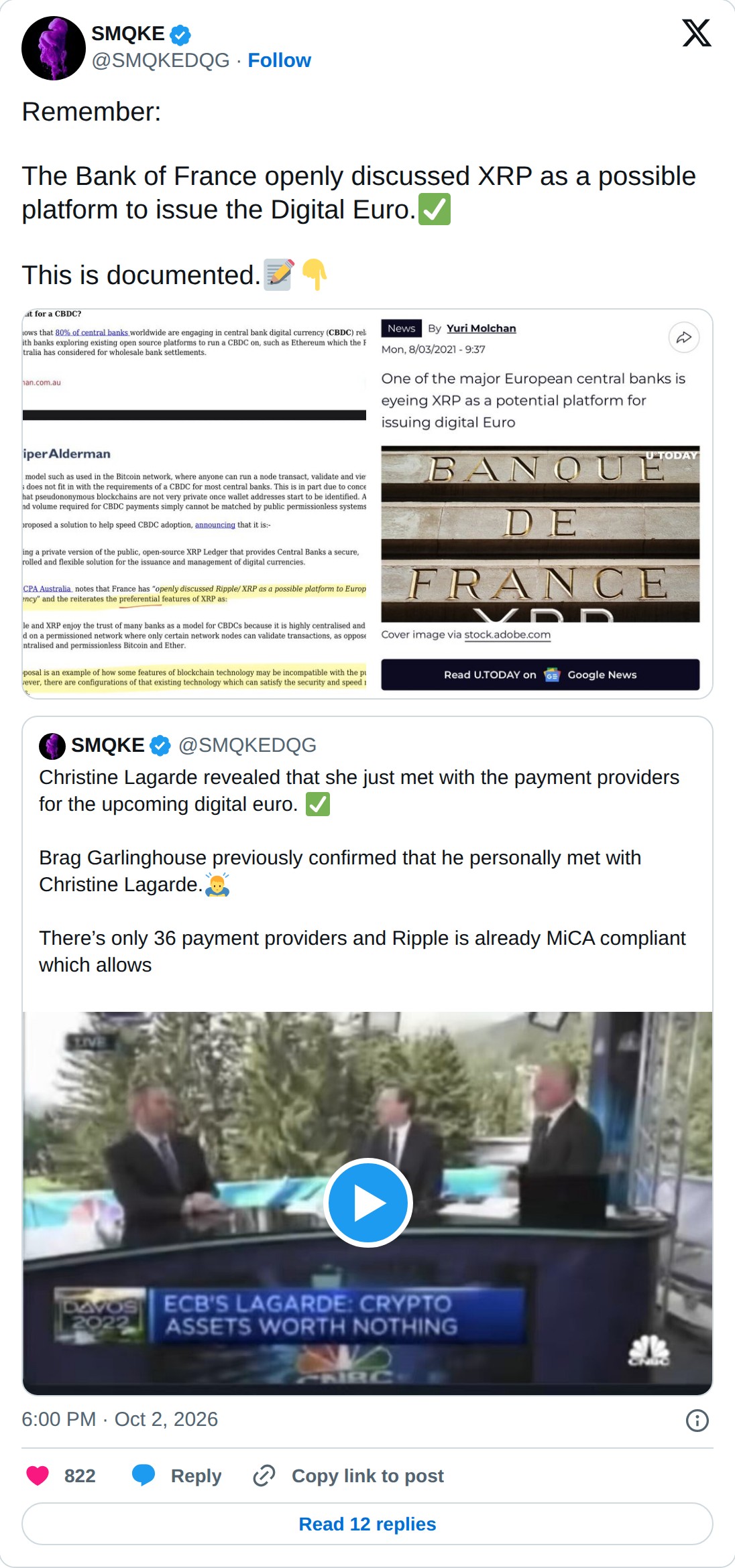 @SMQKEDQG op X: SMQKE @SMQKEDQG · Follow Remember: The Bank of France openly discussed XRP as a possible platform to issue the Digital Euro. This is documented. SMQKE @SMQKEDQG Christine Lagarde revealed that she just met with the payment providers for the upcoming digital euro. Brag Garlinghouse pr