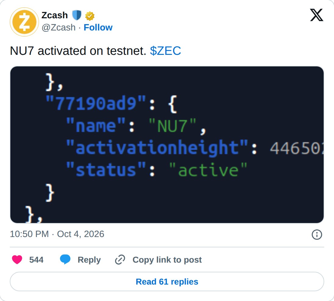 @Zcash op X: Zcash @Zcash · Follow NU7 activated on testnet. $ZEC 10:50 PM · Oct 4, 2026 544 Reply Copy link to post Read 61 replies