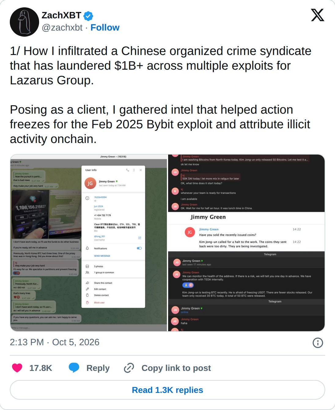 @zachxbt op X: ZachXBT @zachxbt · Follow 1/ How I infiltrated a Chinese organized crime syndicate that has laundered $1B+ across multiple exploits for Lazarus Group. Posing as a client, I gathered intel that helped action freezes for the Feb 2025 Bybit exploit and attribute illicit activity onchain.