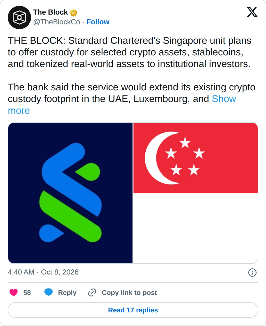 @TheBlockCo op X: The Block @TheBlockCo · Follow THE BLOCK: Standard Chartered's Singapore unit plans to offer custody for selected crypto assets, stablecoins, and tokenized real-world assets to institutional investors. The bank said the service would extend its existing crypto custody footprint in 