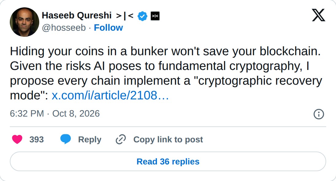 @hosseeb op X: Haseeb Qureshi ＞|＜ @hosseeb · Follow Hiding your coins in a bunker won't save your blockchain. Given the risks AI poses to fundamental cryptography, I propose every chain implement a "cryptographic recovery mode": https://x.com/i/article/2108147428494880768… 6:32 PM · Oct 8, 2026 393 