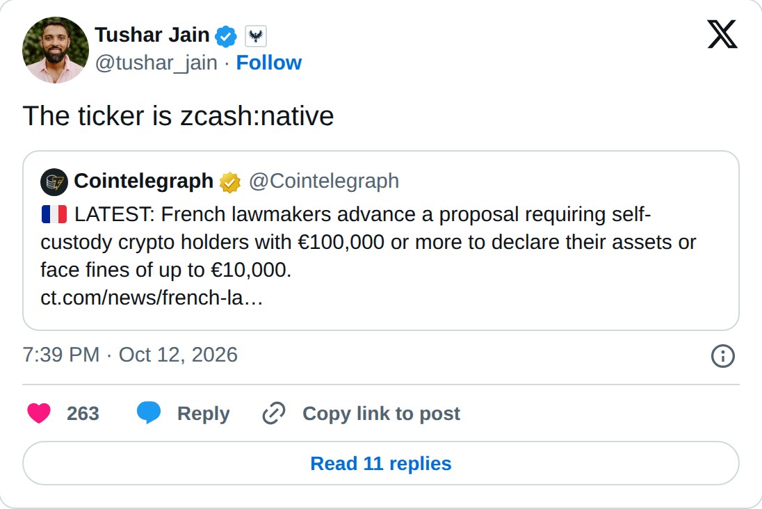 @tushar_jain op X: Tushar Jain @tushar_jain · Follow The ticker is zcash:native Cointelegraph @Cointelegraph LATEST: French lawmakers advance a proposal requiring self-custody crypto holders with €100,000 or more to declare their assets or face fines of up to €10,000. https://ct.com/news/french-lawm