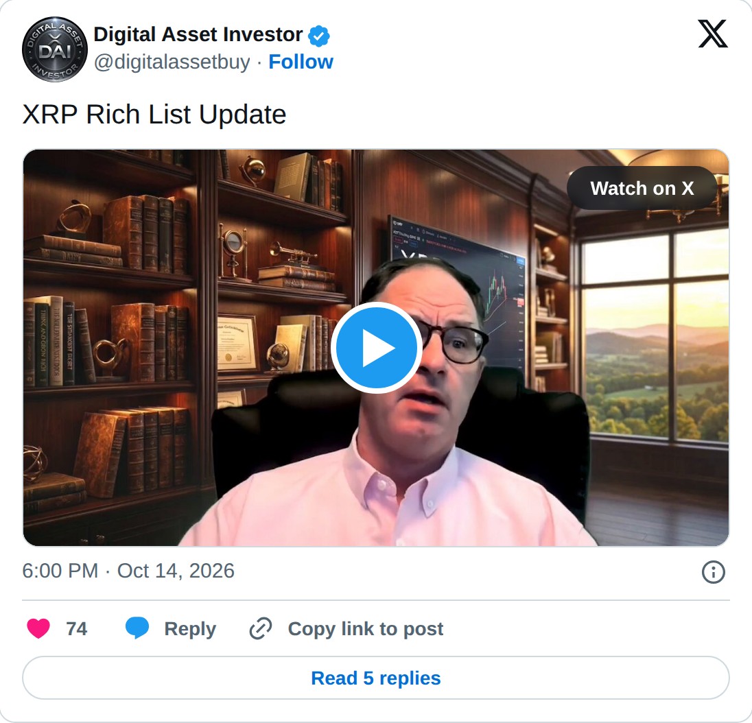 @digitalassetbuy op X: Digital Asset Investor @digitalassetbuy · Follow XRP Rich List Update Watch on X 6:00 PM · Oct 14, 2026 74 Reply Copy link to post Read 5 replies