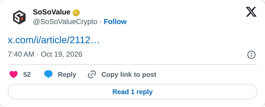 @SoSoValueCrypto op X: SoSoValue @SoSoValueCrypto · Follow https://x.com/i/article/2112056228025397248… 7:40 AM · Oct 19, 2026 52 Reply Copy link to post Read 1 reply