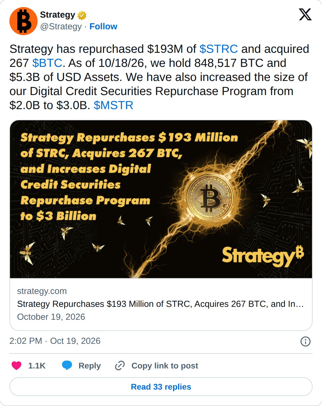 @Strategy op X: Strategy @Strategy · Follow Strategy has repurchased $193M of $STRC and acquired 267 $BTC. As of 10/18/26, we hold 848,517 BTC and $5.3B of USD Assets. We have also increased the size of our Digital Credit Securities Repurchase Program from $2.0B to $3.0B. $MSTR strategy.com Strategy