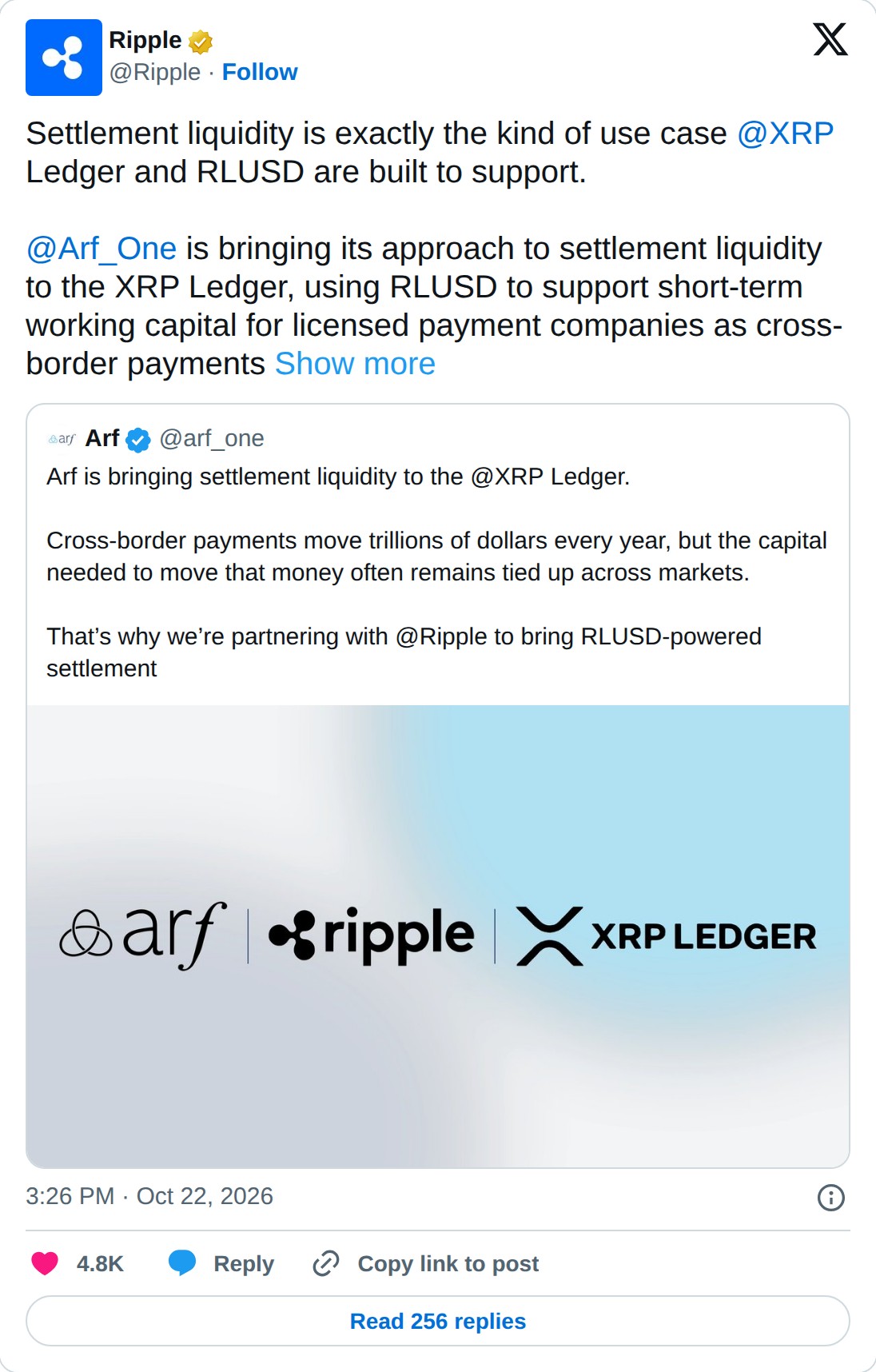 @Ripple op X: Ripple @Ripple · Follow Settlement liquidity is exactly the kind of use case @XRP Ledger and RLUSD are built to support. @Arf_One is bringing its approach to settlement liquidity to the XRP Ledger, using RLUSD to support short-term working capital for licensed payment companies as cros