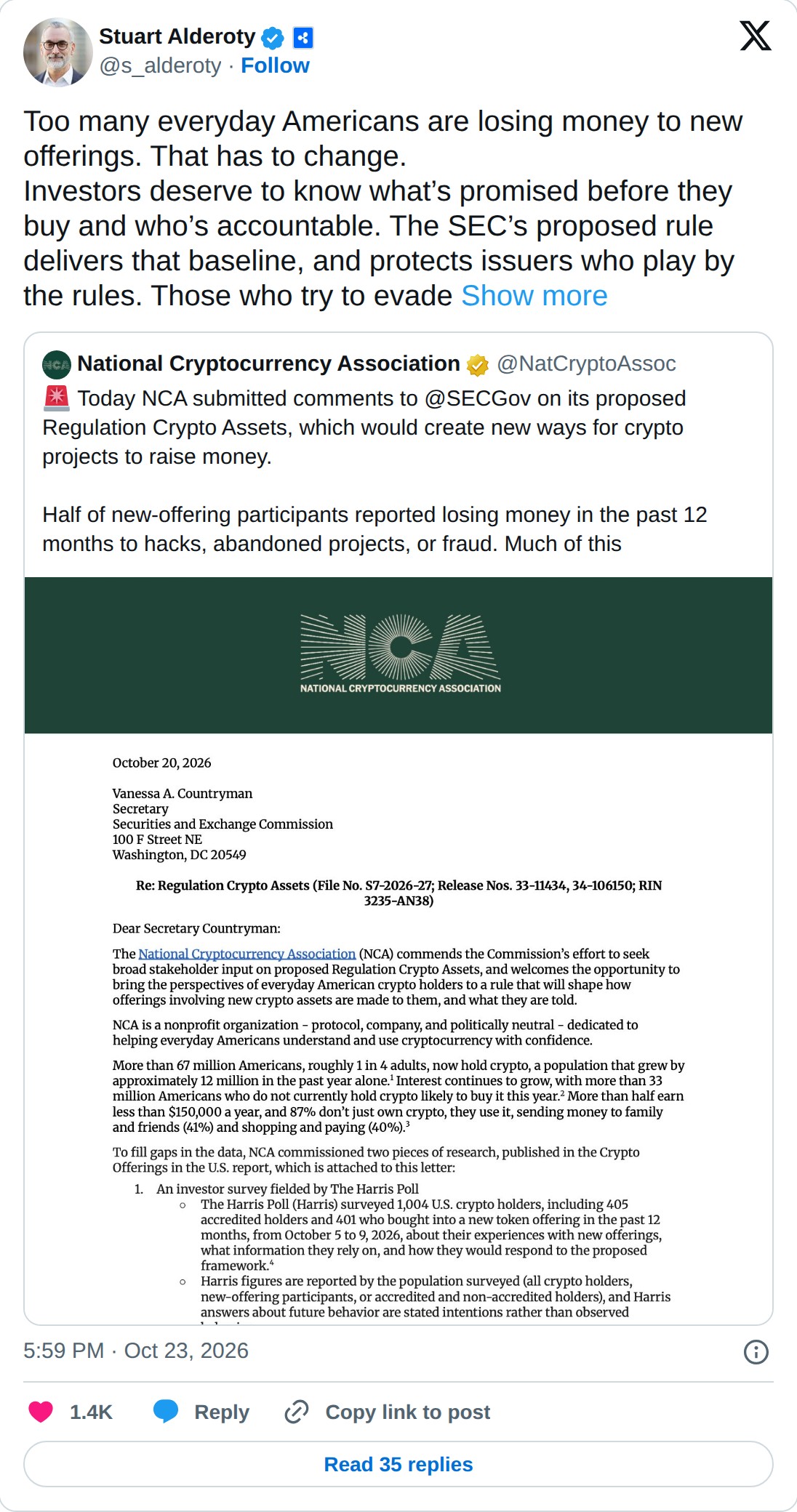 @s_alderoty op X: Stuart Alderoty @s_alderoty · Follow Too many everyday Americans are losing money to new offerings. That has to change. Investors deserve to know what’s promised before they buy and who’s accountable. The SEC’s proposed rule delivers that baseline, and protects issuers who play by 