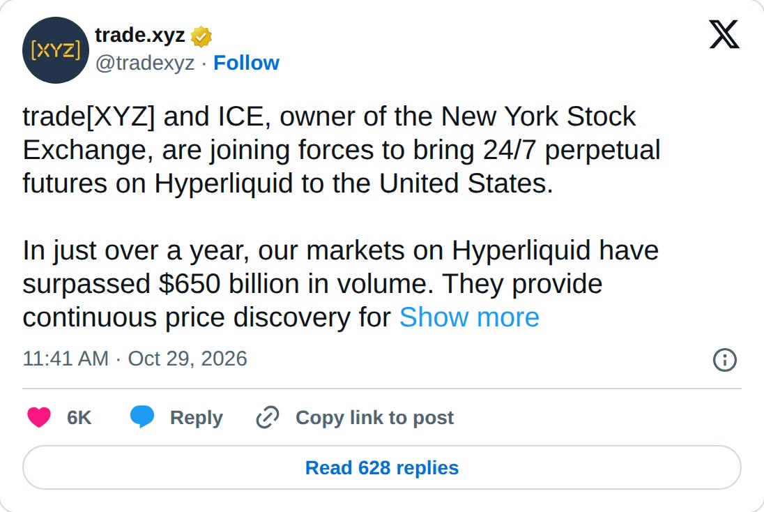 @tradexyz op X: trade.xyz @tradexyz · Follow trade[XYZ] and ICE, owner of the New York Stock Exchange, are joining forces to bring 24/7 perpetual futures on Hyperliquid to the United States. In just over a year, our markets on Hyperliquid have surpassed $650 billion in volume. They provide continuou
