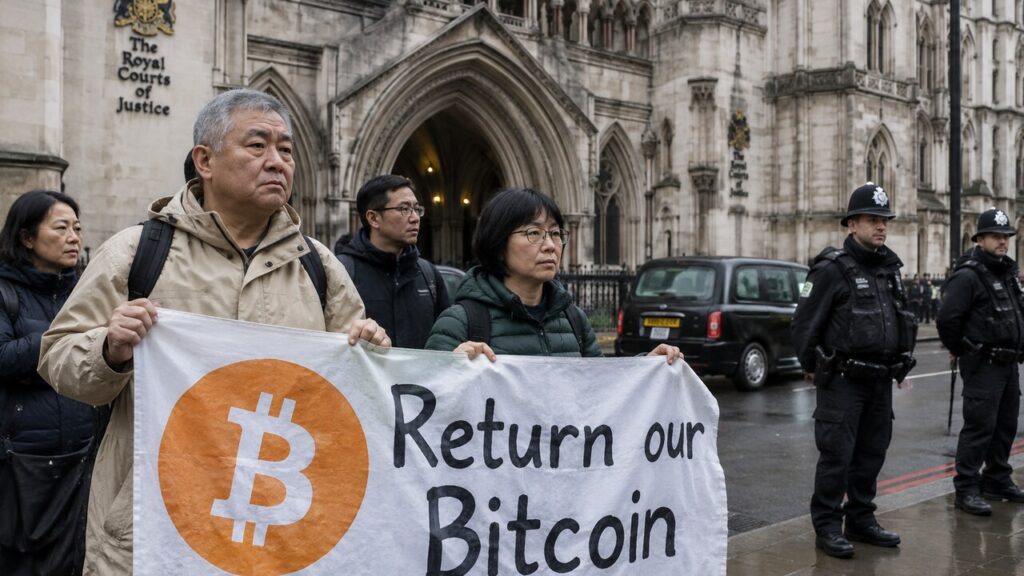 Demonstranten met een spandoek met Bitcoin-logo voor de Royal Courts of Justice in Londen op een bewolkte middag
