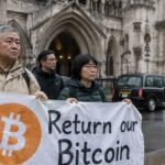 Demonstranten met een spandoek met Bitcoin-logo voor de Royal Courts of Justice in Londen op een bewolkte middag