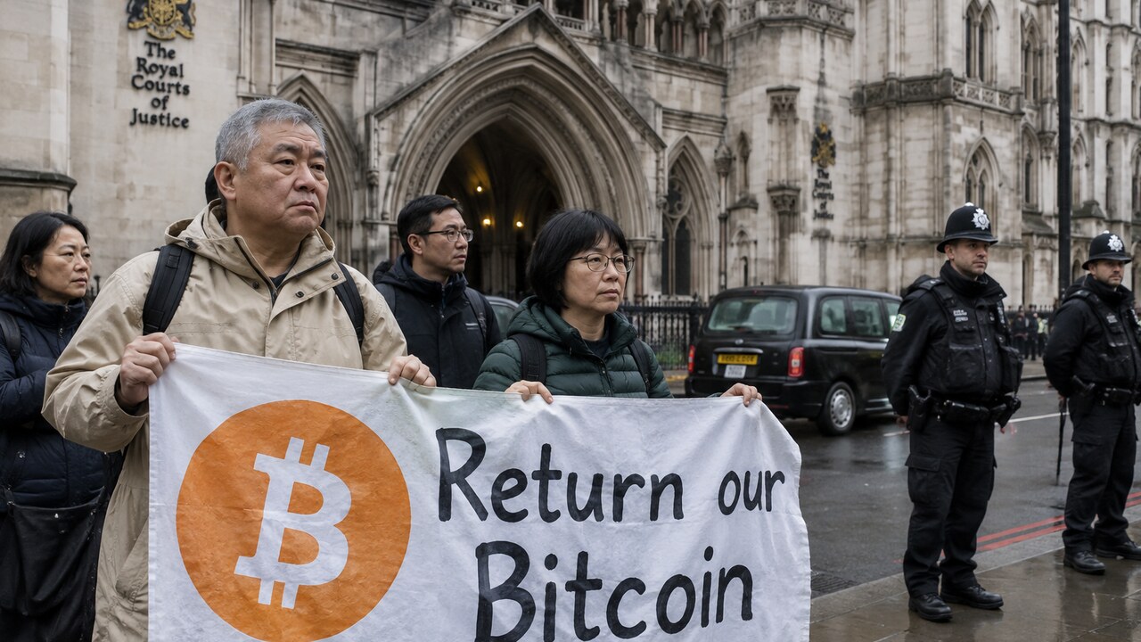 Demonstranten met een spandoek met Bitcoin-logo voor de Royal Courts of Justice in Londen op een bewolkte middag