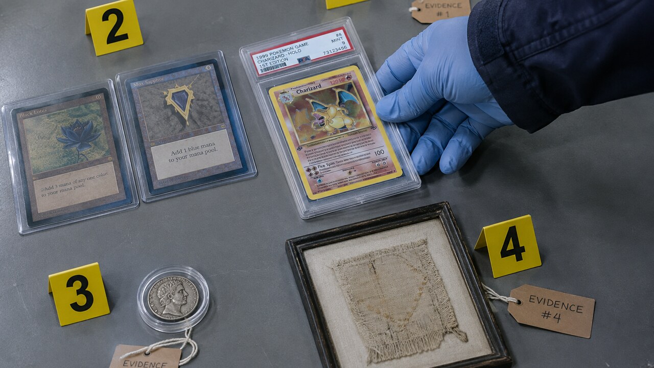 Inbeslaggenomen Pokémonkaarten, Magic-kaarten en een antieke Romeinse munt met bewijslabels op een tafel