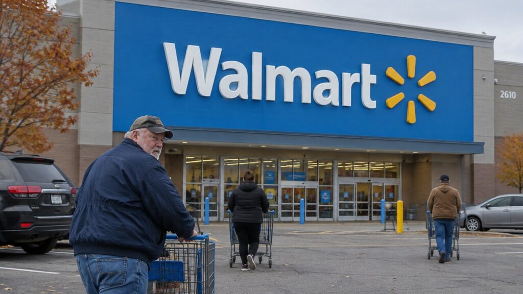 Gevel van een Walmart Supercenter met groot blauw Walmart-logo en klanten met winkelwagens op de parkeerplaats