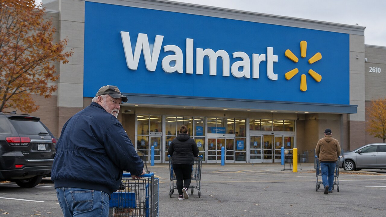 Gevel van een Walmart Supercenter met groot blauw Walmart-logo en klanten met winkelwagens op de parkeerplaats
