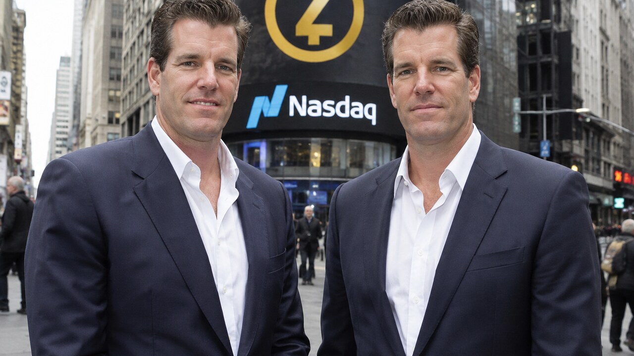 De Winklevoss-tweeling staat op straat in New York voor het Nasdaq-gebouw met een banier met het Zcash-logo