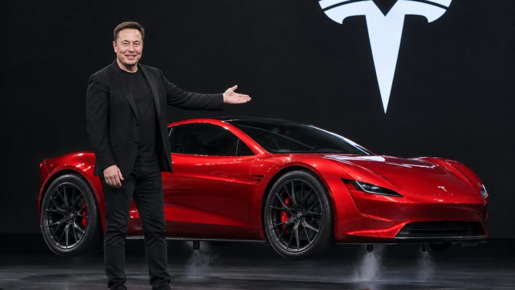 Elon Musk op een podium naast een rode Tesla Roadster die net boven de vloer zweeft, met het Tesla-logo op de achtergrond