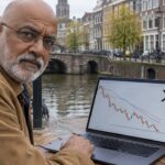 Oudere man op een terras aan een Utrechtse gracht kijkt bezorgd op van zijn laptop met een dalende XRP-grafiek waarin twee lijnen elkaar kruisen