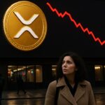 Groot reclamescherm in een stadsstraat met het XRP-logo en een dalende rode koersgrafiek, voorbijgangers kijken omhoog