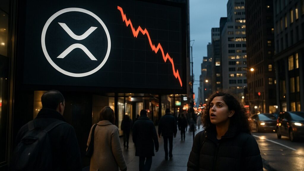 Groot reclamescherm op straat met het XRP-logo en een scherp dalende rode koerslijn, voorbijgangers kijken omhoog