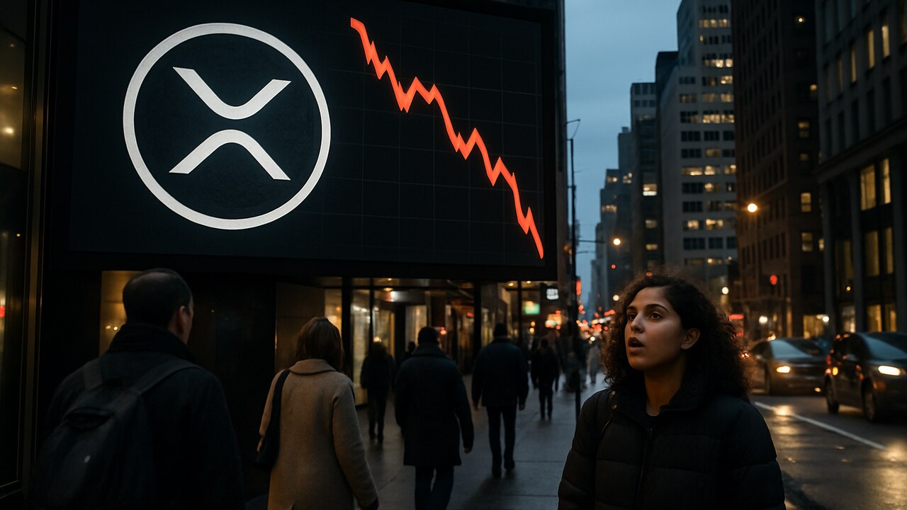 Groot reclamescherm op straat met het XRP-logo en een scherp dalende rode koerslijn, voorbijgangers kijken omhoog