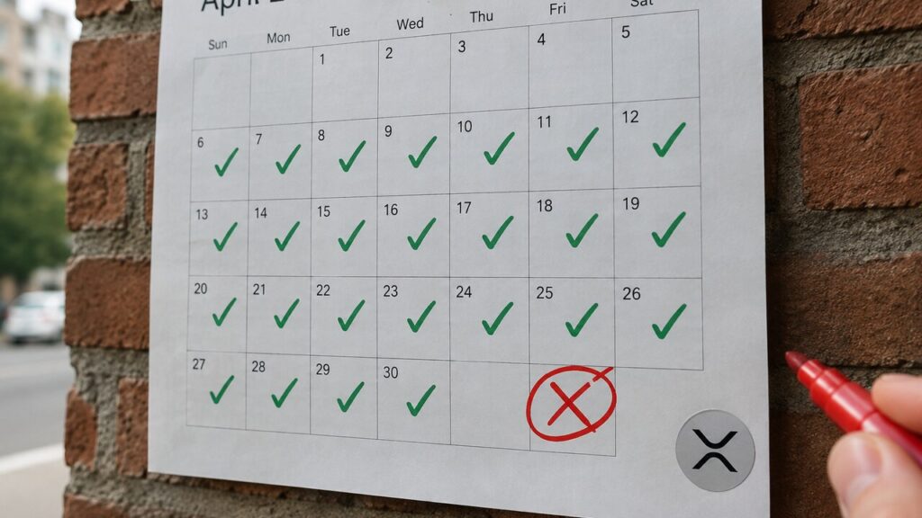 Wandkalender met dertien groene vinkjes op rij en een laatste week met een rode streep, met een XRP-sticker in de hoek