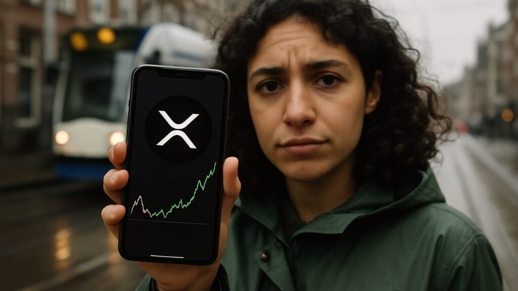Vrouw bij een tramhalte houdt een smartphone vast met het XRP-logo en een grafiek die door een dalende trendlijn breekt