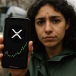 Vrouw bij een tramhalte houdt een smartphone vast met het XRP-logo en een grafiek die door een dalende trendlijn breekt