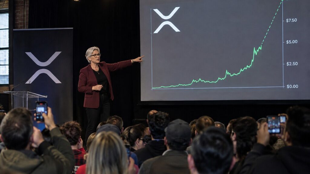 Spreker op een cryptobijeenkomst wijst naar een groot scherm met het XRP-logo en een steil stijgende groene koersgrafiek, met publiek op de voorgrond