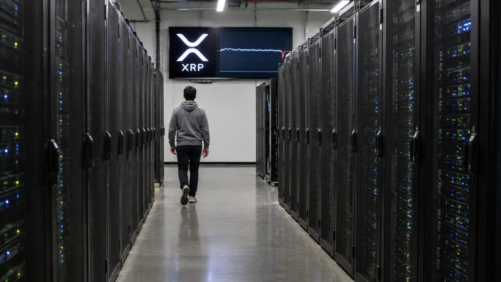 Gangpad in een AI-datacenter met serverkasten en aan het eind een scherm met het XRP-logo en een vlakke koersgrafiek