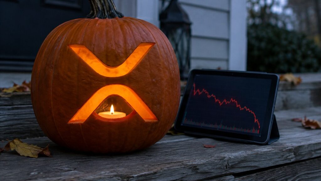Uitgeholde Halloweenpompoen met het XRP-logo op een veranda, naast een tablet met een dalende rode koersgrafiek