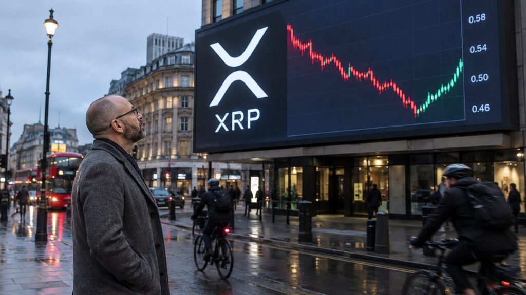 Groot reclamescherm op straat met het XRP-logo en een koersgrafiek die na een dip weer licht oploopt, met een voorbijganger die omhoog kijkt