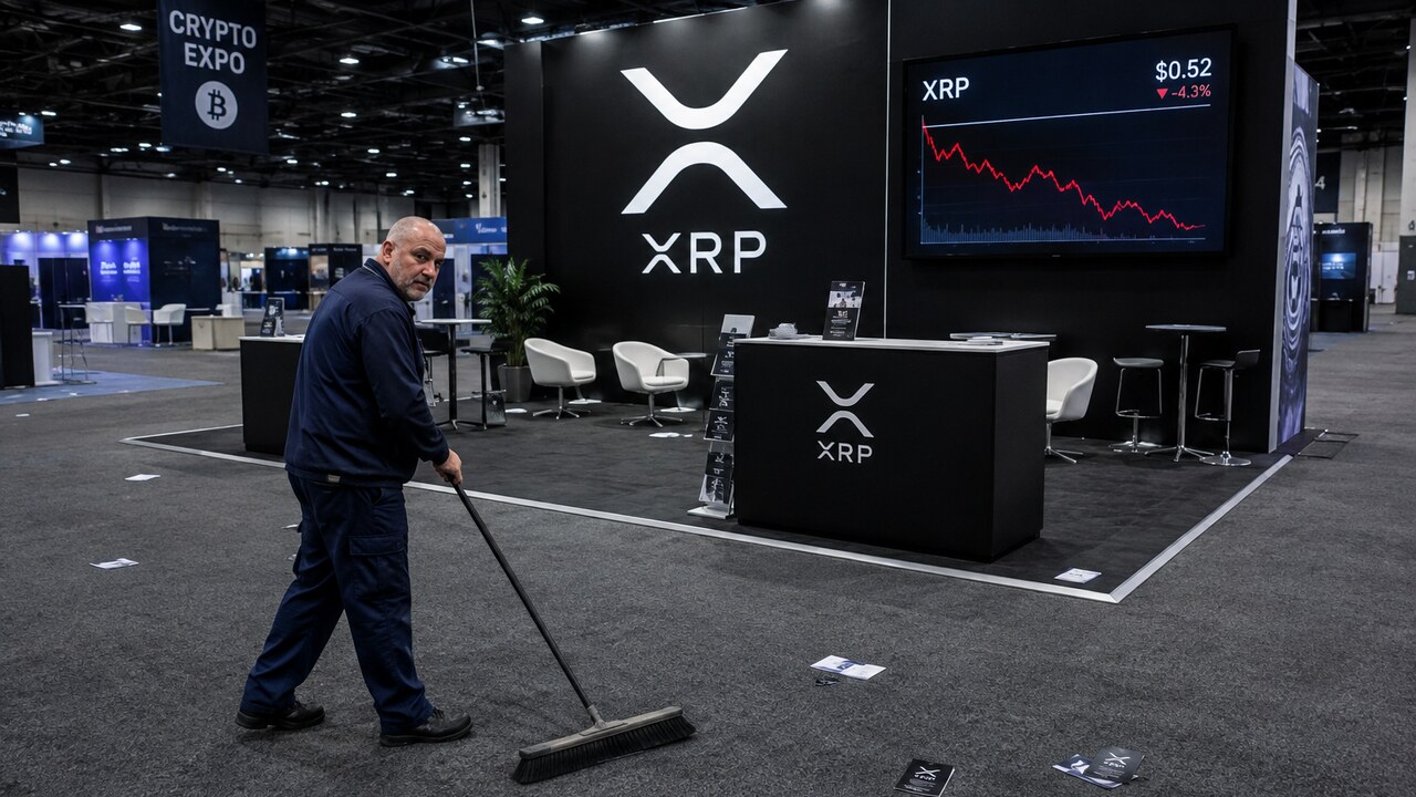 Verlaten XRP-stand op een cryptobeurs met een rode dalende koersgrafiek op het scherm en een schoonmaker die de vloer veegt