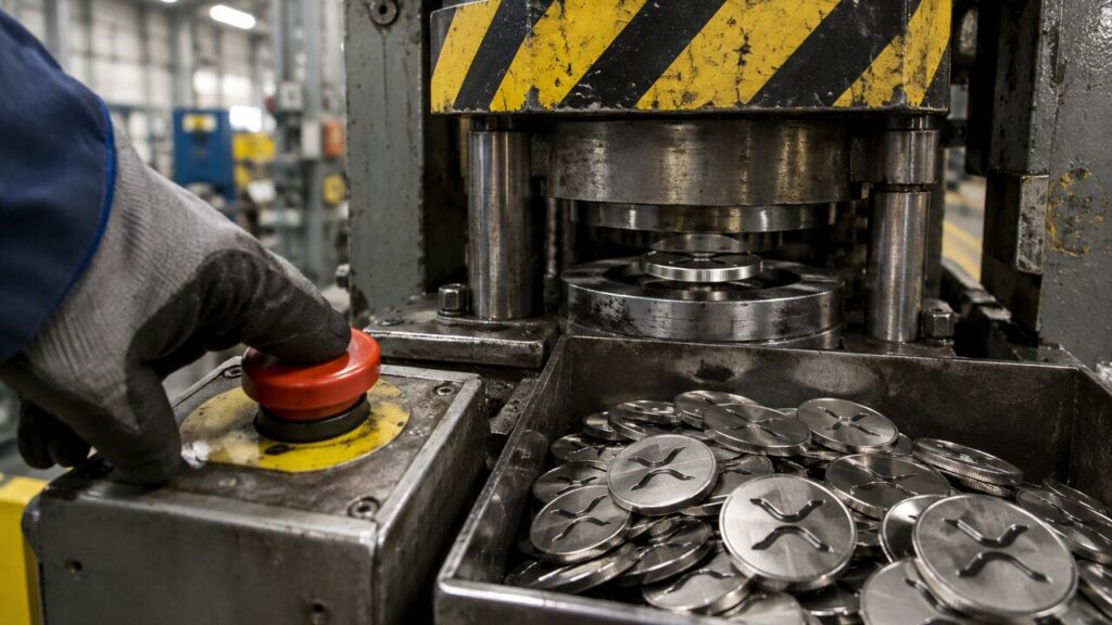 Muntpers in een fabriek slaat munten met het XRP-logo terwijl een hand op de rode noodstopknop drukt