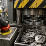 Muntpers in een fabriek slaat munten met het XRP-logo terwijl een hand op de rode noodstopknop drukt
