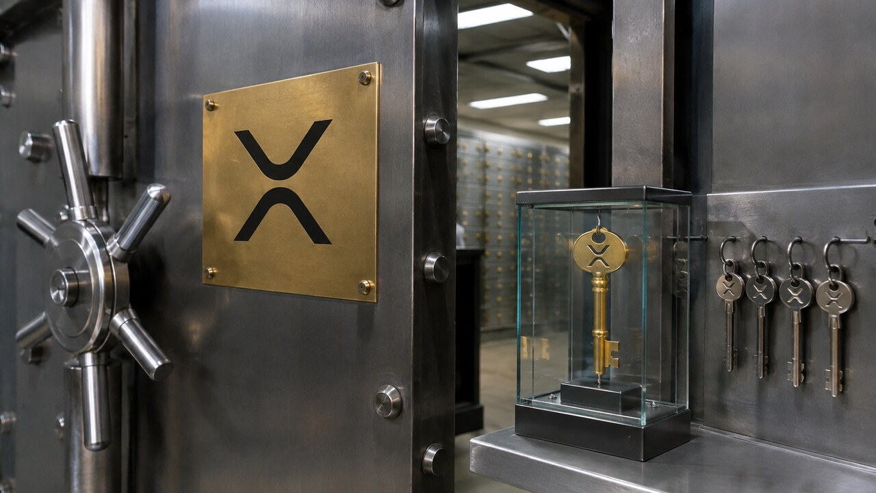 Kluisdeur met XRP Ledger-logo, een hoofdsleutel in een glazen kastje en kleinere sleutels aan haakjes