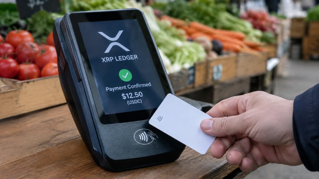 Betaalterminal op een marktkraam toont het XRP Ledger-logo en een afgeronde stablecoinbetaling