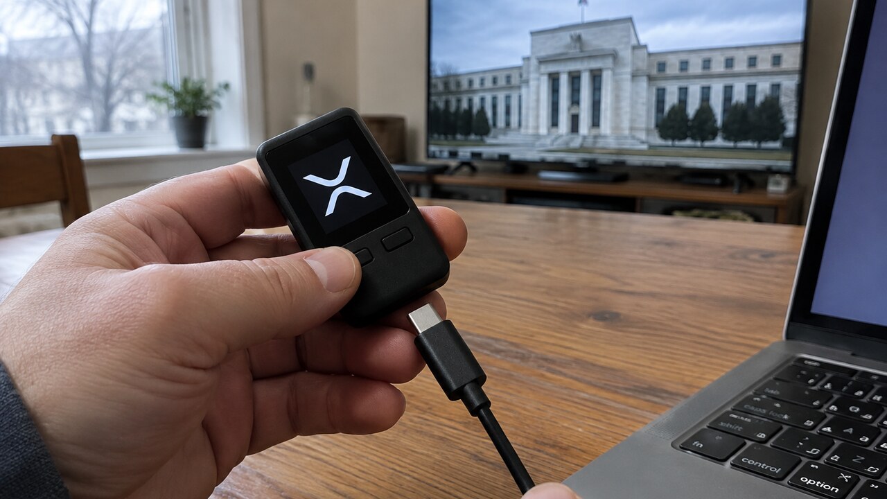 Hand haalt een hardware wallet met het XRP-logo van een laptop, met op de achtergrond een televisie met het gebouw van de Federal Reserve