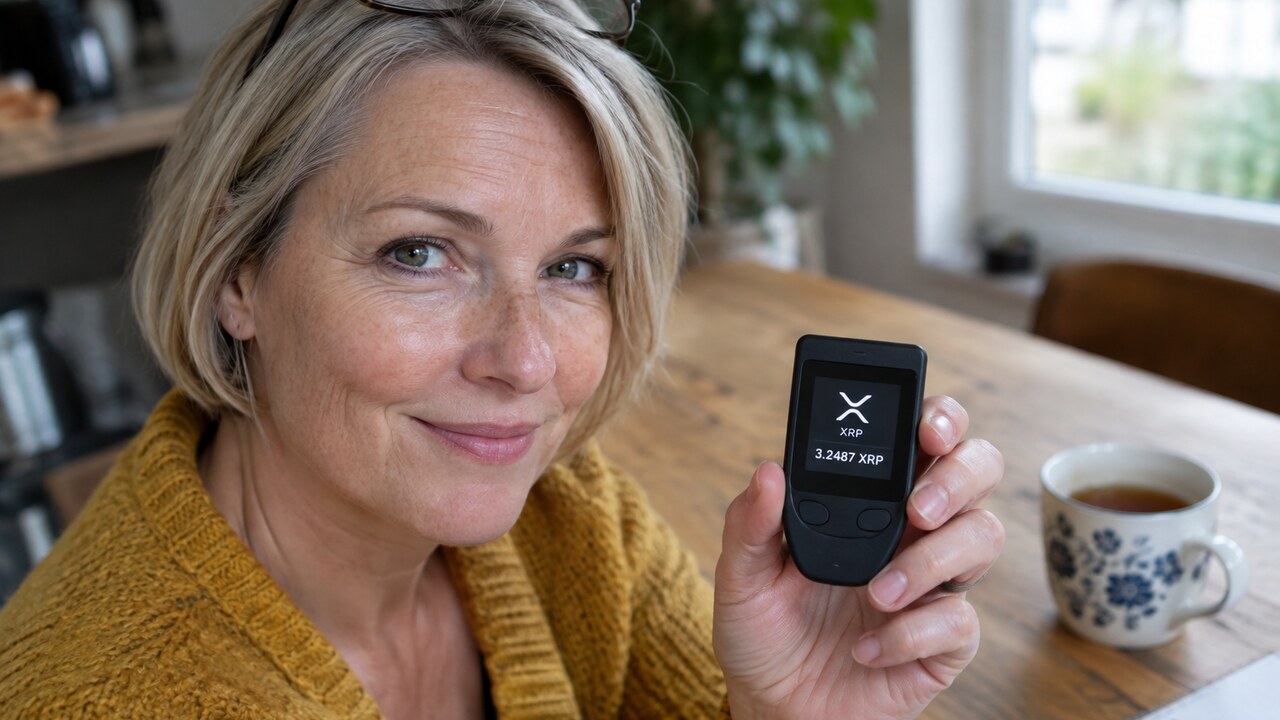 Vrouw aan een keukentafel houdt een hardware wallet vast met het XRP-logo op het scherm