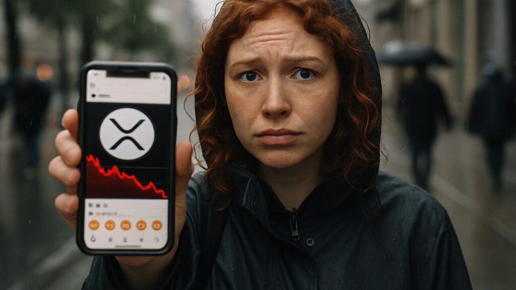 Vrouw in de regen toont een smartphone met het XRP-logo en een dalende rode koersgrafiek in een sociale-mediafeed
