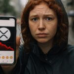 Vrouw in de regen toont een smartphone met het XRP-logo en een dalende rode koersgrafiek in een sociale-mediafeed