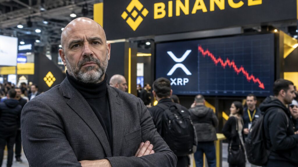 Stand van Binance op een cryptobeurs met een scherm waarop het XRP-logo en een rood dalende koersgrafiek te zien zijn