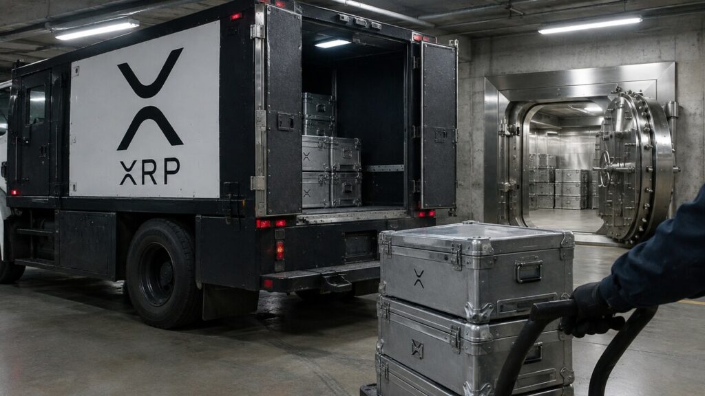 Gepantserde geldtransportwagen met het XRP-logo in een ondergrondse laadruimte, waar kisten naar een nieuwe kluis worden gebracht