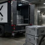 Gepantserde geldtransportwagen met het XRP-logo in een ondergrondse laadruimte, waar kisten naar een nieuwe kluis worden gebracht