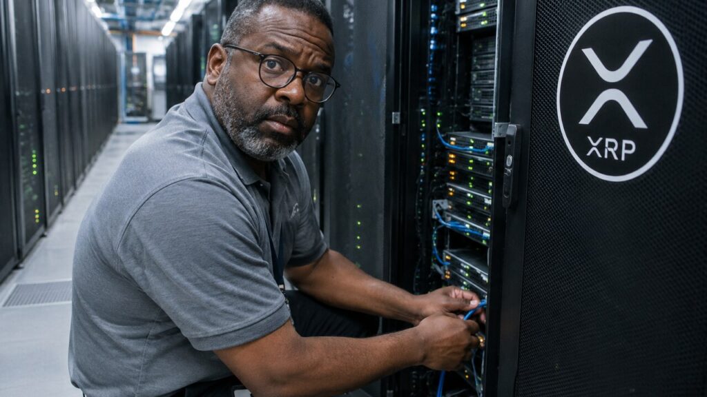 Technicus sluit een kabel aan bij een serverrack met het XRP-logo in een datacenter