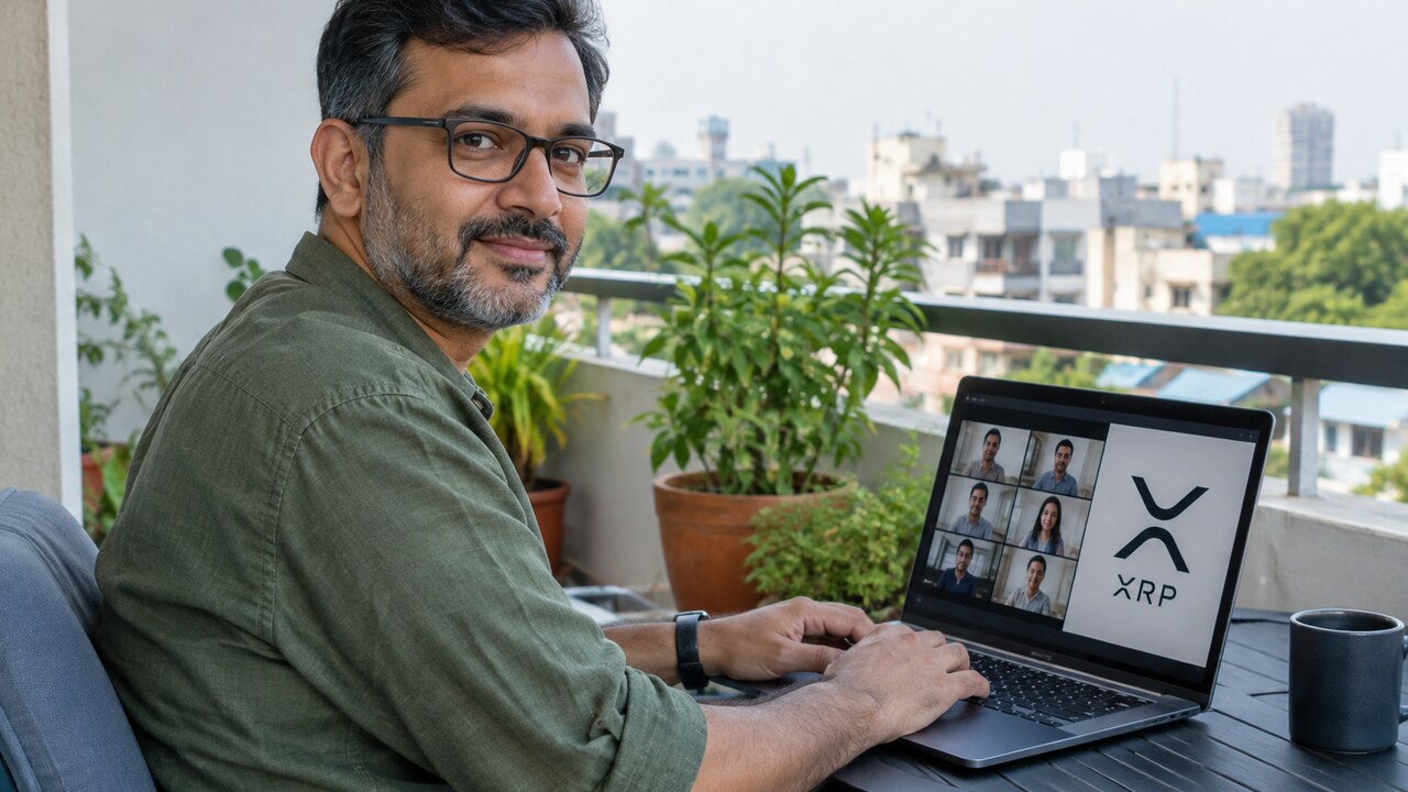Oprichter van een startup werkt op een balkon aan een laptop met een online videogesprek en het logo van de XRP Ledger