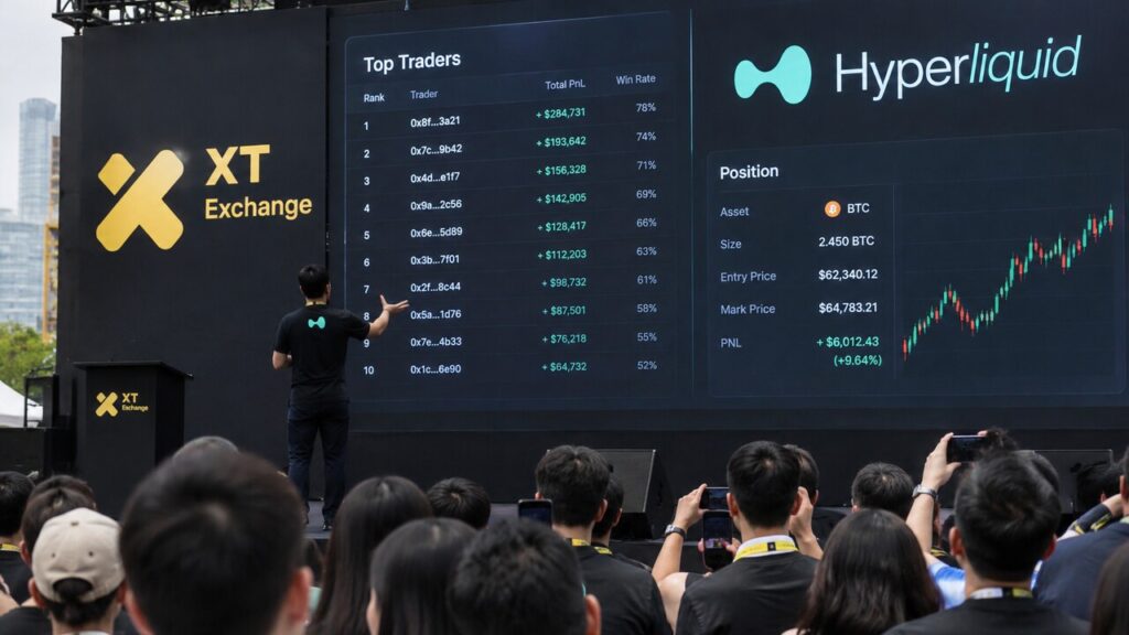 Podium op een cryptobeurs met een groot XT Exchange-spandoek en een scherm met het Hyperliquid-logo en een overzicht van traders die gekopieerd kunnen worden