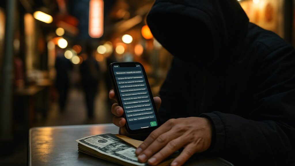 Anonieme persoon met smartphone vol walletadressen schuift een envelop met dollars over een tafeltje in een nachtelijke straat
